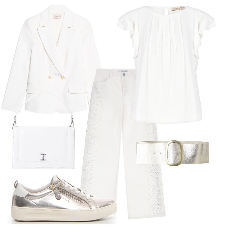 Outfit donna - Bianco. Stile Basic per Tutti i giorni. Abbinamento con bluse, pantaloni, borse a tracolla, cinture, sneakers, blazer.