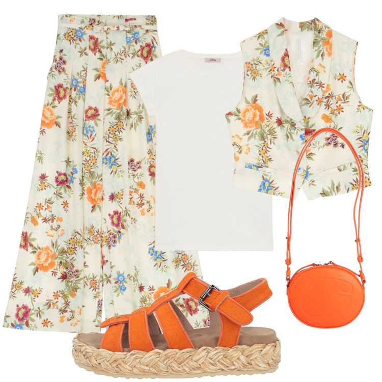 Outfit donna - Completo stampa floreale. Stile Casual per Tutti i giorni. Abbinamento con borse a spalla, espadrillas, pantaloni a palazzo, gilet, t-shirt.