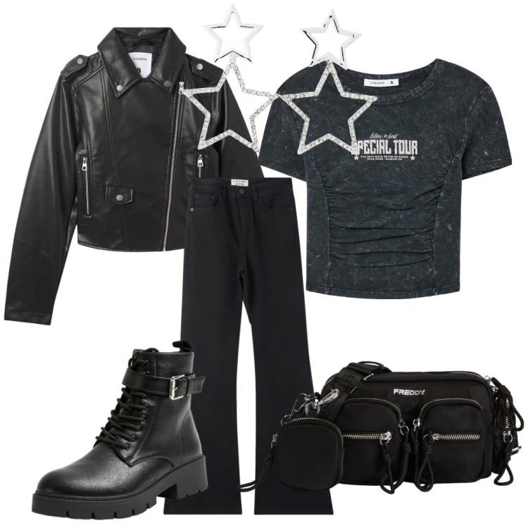 Outfit donna - Concerto rock. Stile Rock per Serata fuori. Abbinamento con giacche, jeans a zampa, orecchini, anfibi, t-shirt, borse a tracolla.