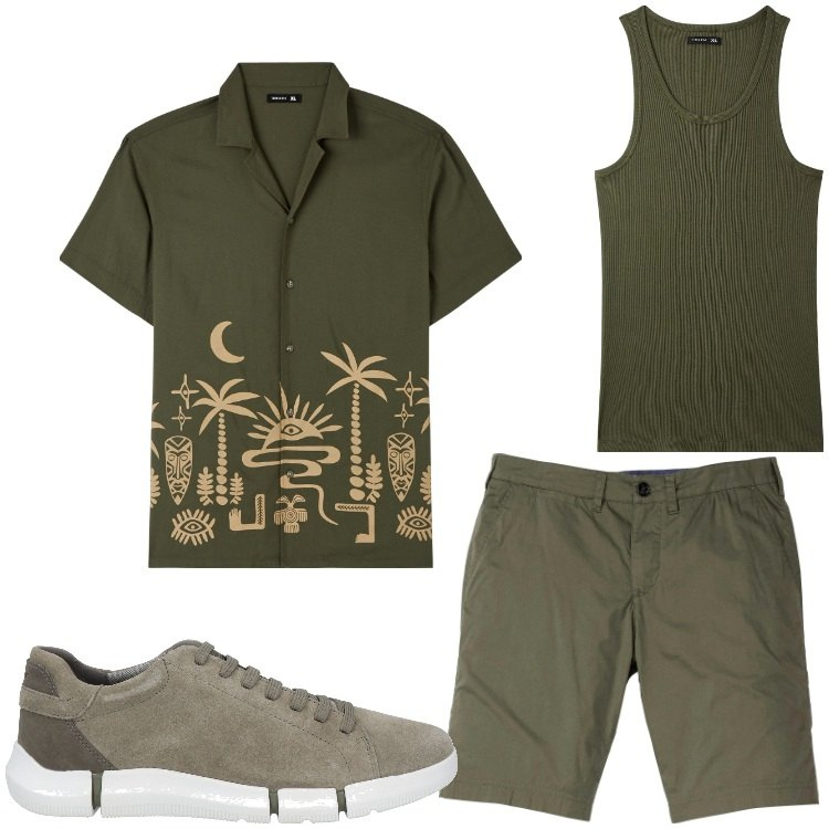 Outfit uomo - Oasi. Stile Casual per Tutti i giorni. Abbinamento con bermuda, sneakers, camicie a manica corta, canottiere.