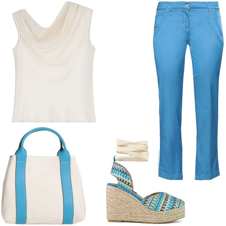 Outfit donna - Azzurra Primavera. Stile Casual per Tutti i giorni. Abbinamento con pantaloni, borse a mano, top, zeppe.