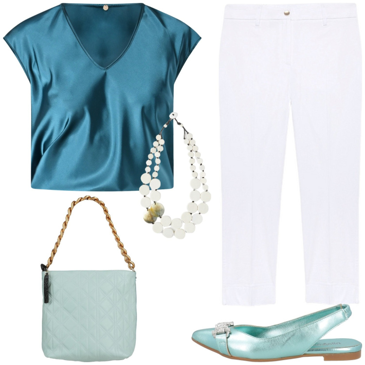 Outfit donna - Da giorno. Stile Casual chic per Tutti i giorni. Abbinamento con ballerine, borse a mano, bluse, pantaloni chino, ciondoli.