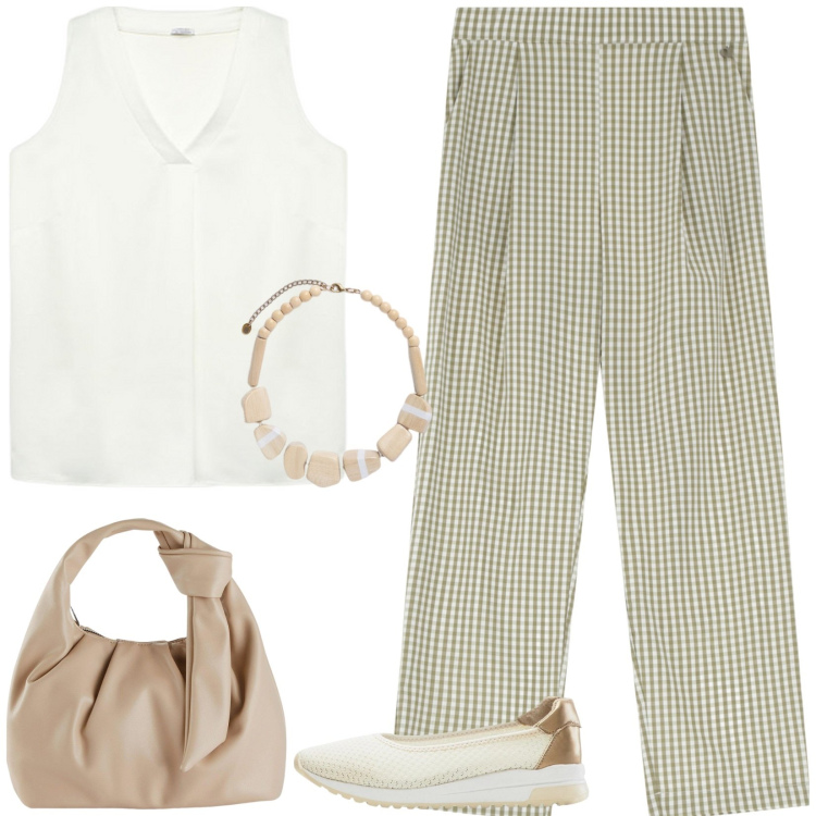 Outfit donna - Fantasia a quadretti. Stile Casual per Tutti i giorni. Abbinamento con borse a mano, ballerine, pantaloni, top, collane.
