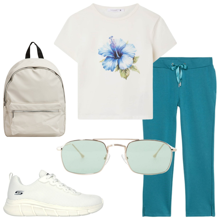 Outfit donna - Passeggiata in montagna. Stile Casual per Sport. Abbinamento con occhiali da sole, t-shirt, pantaloni, zaini, sneakers.