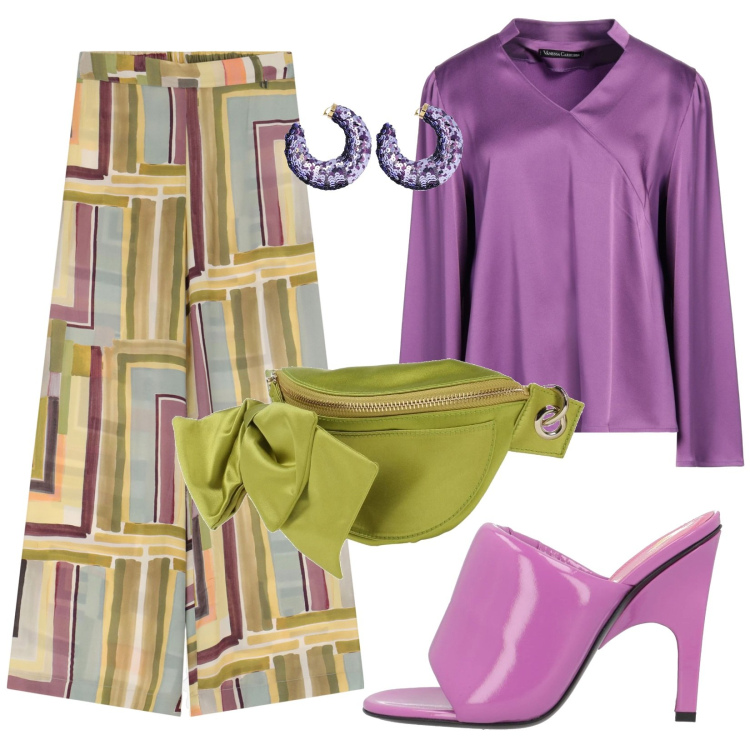 Outfit donna - Il marsupio fashion. Stile Casual chic per Serata fuori. Abbinamento con marsupi, sandali, top, pantaloni, orecchini.