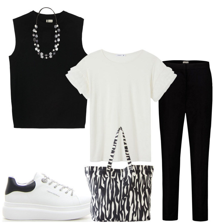 Outfit donna - T-shirt con sopra il gilet. Stile Casual per Tutti i giorni. Abbinamento con shopping bag, t-shirt, pantaloni, sneakers, maglieria, collane.