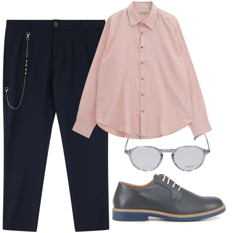 Outfit uomo - City. Stile Urban per Tutti i giorni. Abbinamento con pantaloni, camicie, occhiali da sole, scarpe stringate.