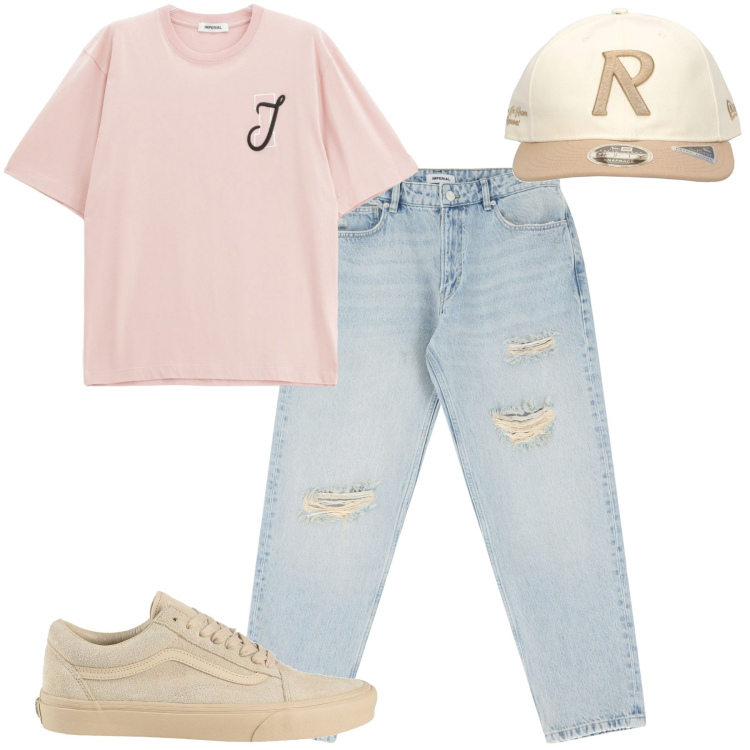 Outfit uomo - City. Stile Casual per Tutti i giorni. Abbinamento con sneakers, jeans strappati, t-shirt, cappelli.