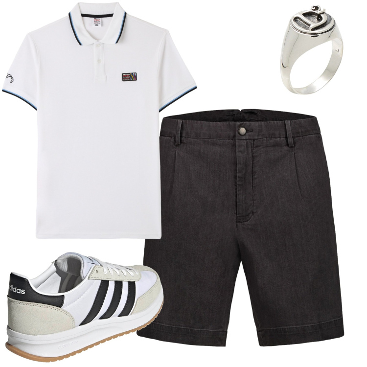 Outfit uomo - City. Stile Casual per Tutti i giorni. Abbinamento con anelli, polo, bermuda, sneakers.
