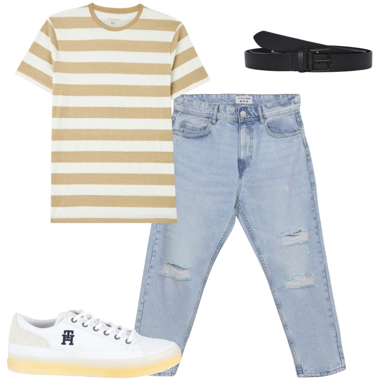 Outfit uomo - City. Stile Casual per Tutti i giorni. Abbinamento con sneakers, t-shirt, jeans strappati, cinture.
