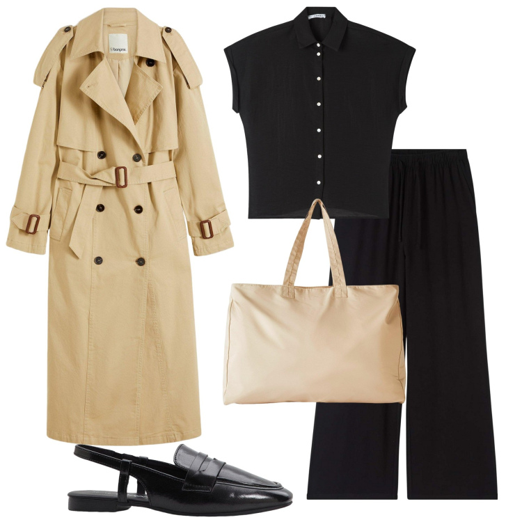 Outfit donna - Temporale a maggio. Stile Casual chic per Ufficio. Abbinamento con shopping bag, trench, mocassini, pantaloni, camicie a manica corta.