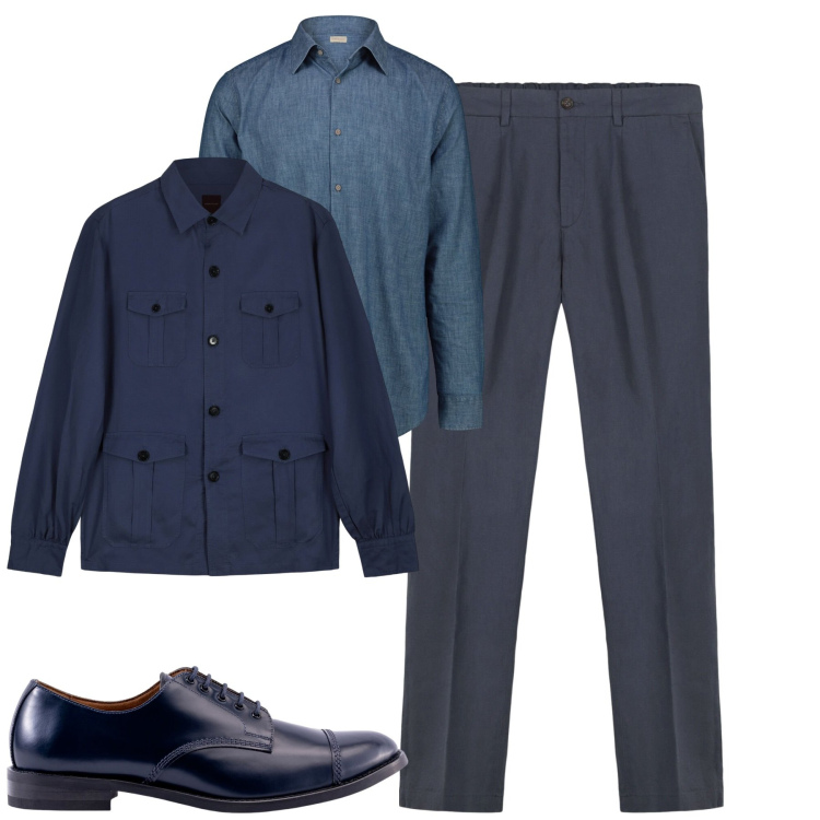 Outfit uomo - Blue. Stile Urban per Tutti i giorni. Abbinamento con scarpe stringate, cappotti, camicie, pantaloni.