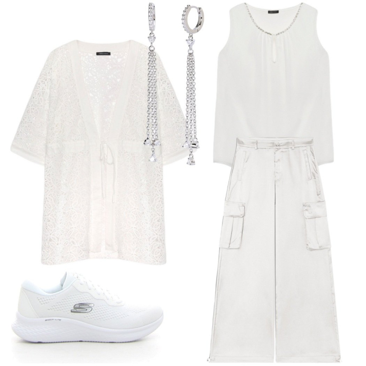 Outfit donna - Bianco assoluto. Stile Casual chic per Tutti i giorni. Abbinamento con orecchini, pantaloni cargo, blazer, top, sneakers.