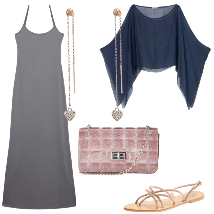 Outfit donna - Coprispalle di Seta. Stile Chic per Serata fuori. Abbinamento con sandali, vestiti lunghi, borse a tracolla, orecchini, bolero.