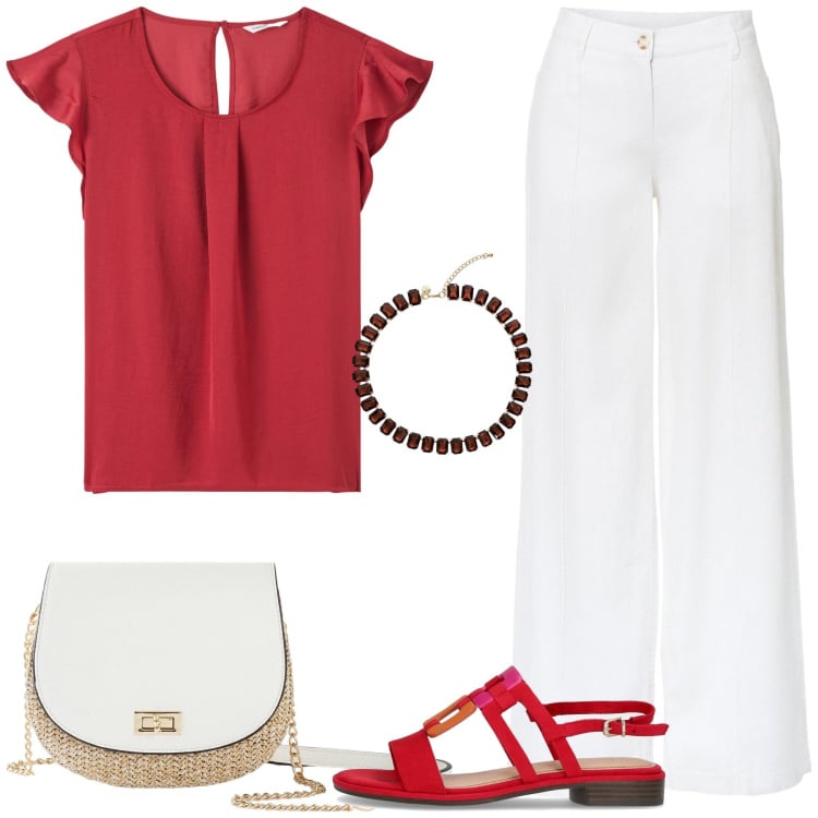 Outfit donna - Bianco e rosso. Stile Casual per Tutti i giorni. Abbinamento con pantaloni a palazzo, borse a tracolla, bluse, collane, sandali.