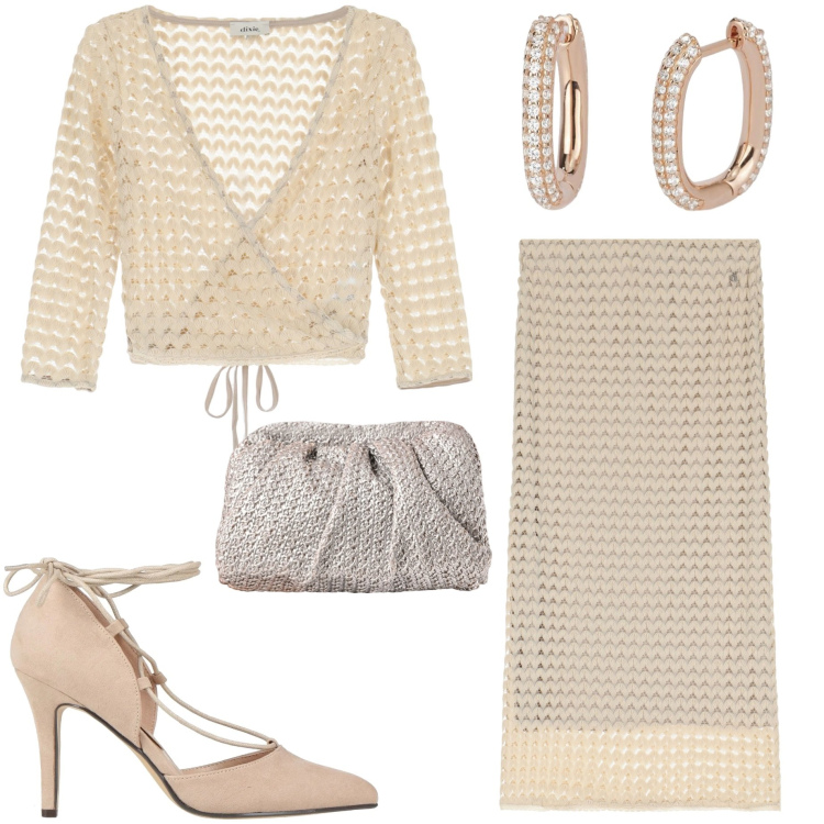 Outfit donna - Completo crochet. Stile Chic per Cerimonia. Abbinamento con décolleté, orecchini, clutch, top, gonne longuette.