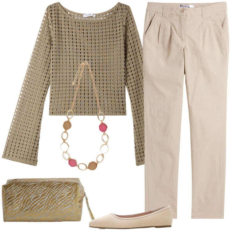 Outfit donna - Il maglioncino primaverile. Stile Casual per Tutti i giorni. Abbinamento con pantaloni chino, ballerine, maglieria, pochette, collane.