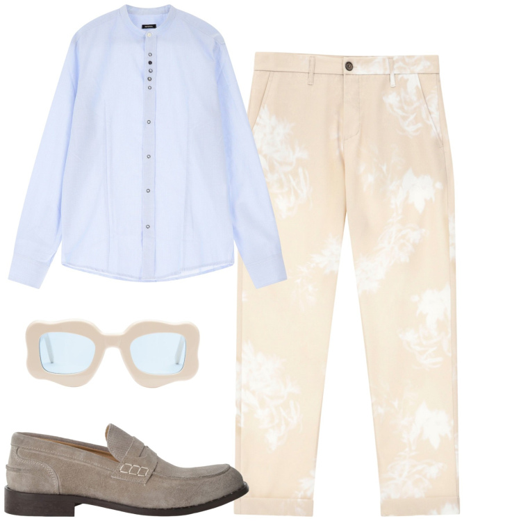 Outfit uomo - City. Stile Trendy per Tutti i giorni. Abbinamento con camicie, pantaloni, scarpe stringate, occhiali da sole.