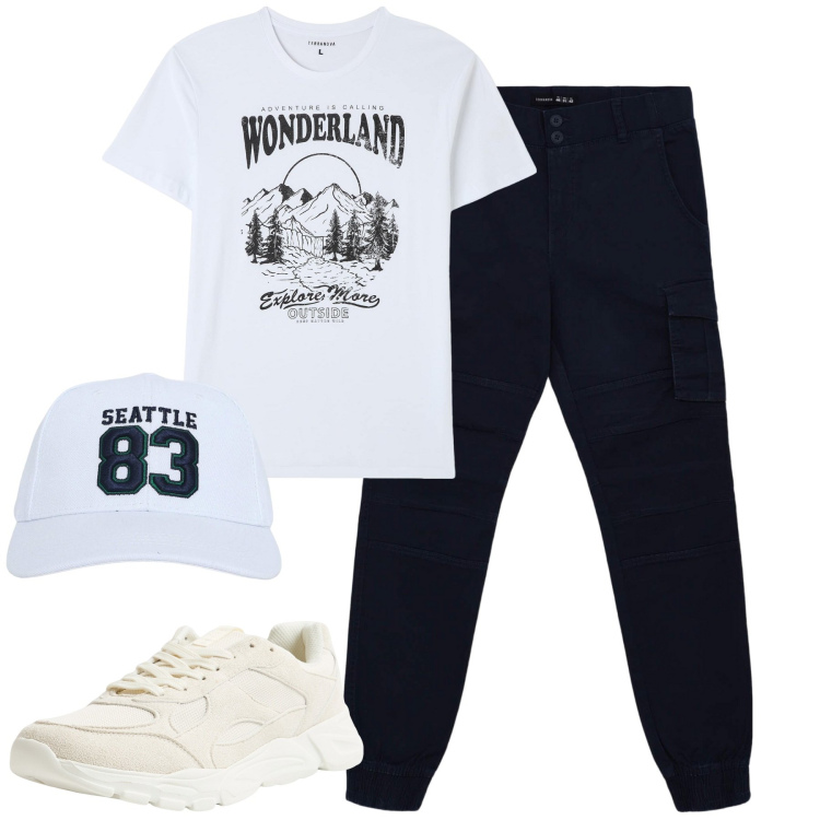 Outfit uomo - Sporty. Stile Casual per Tutti i giorni. Abbinamento con t-shirt, cappelli, sneakers, pantaloni cargo.