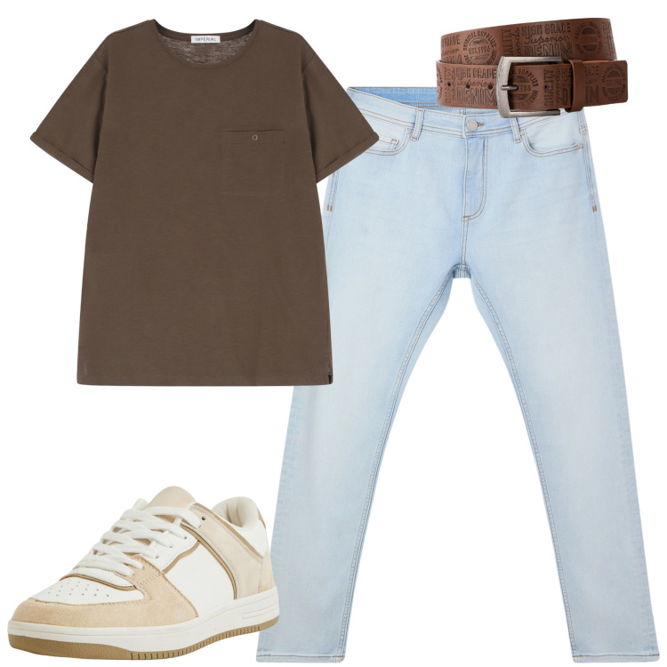 Outfit uomo - City. Stile Casual per Tutti i giorni. Abbinamento con cinture, jeans skinny, sneakers, t-shirt.