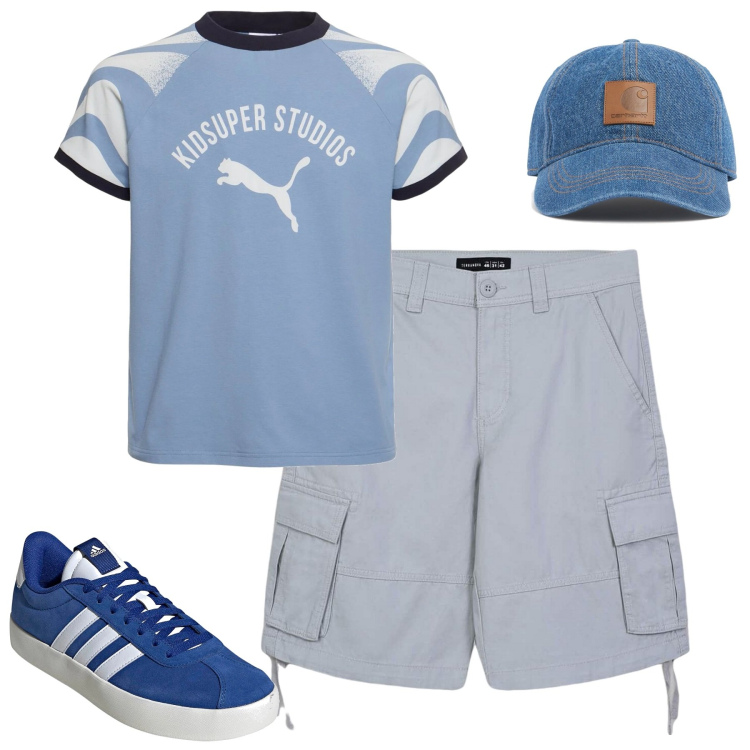 Outfit uomo - Maggio. Stile Casual per Tutti i giorni. Abbinamento con bermuda, cappelli, t-shirt, sneakers.