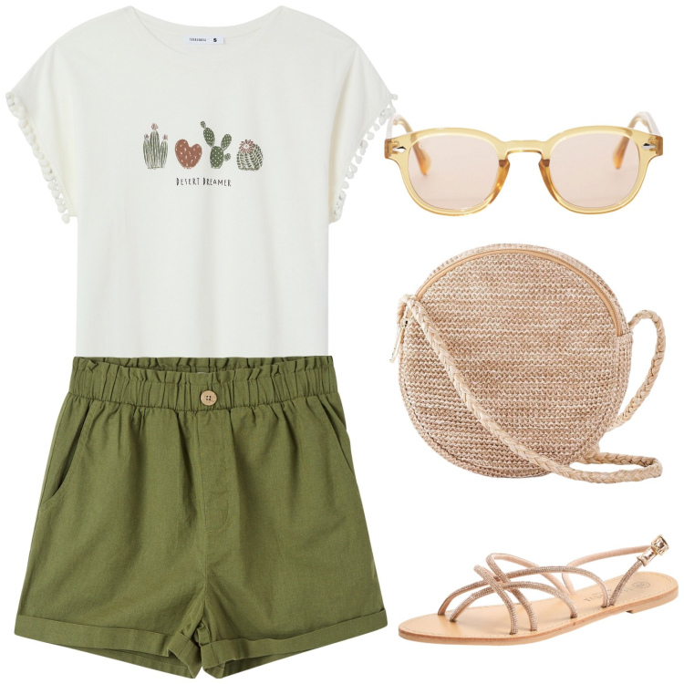 Outfit donna - Passeggiata tra le calle veneziane. Stile Casual per Tutti i giorni. Abbinamento con borse a tracolla, pantaloni corti, t-shirt, sandali, occhiali da sole.