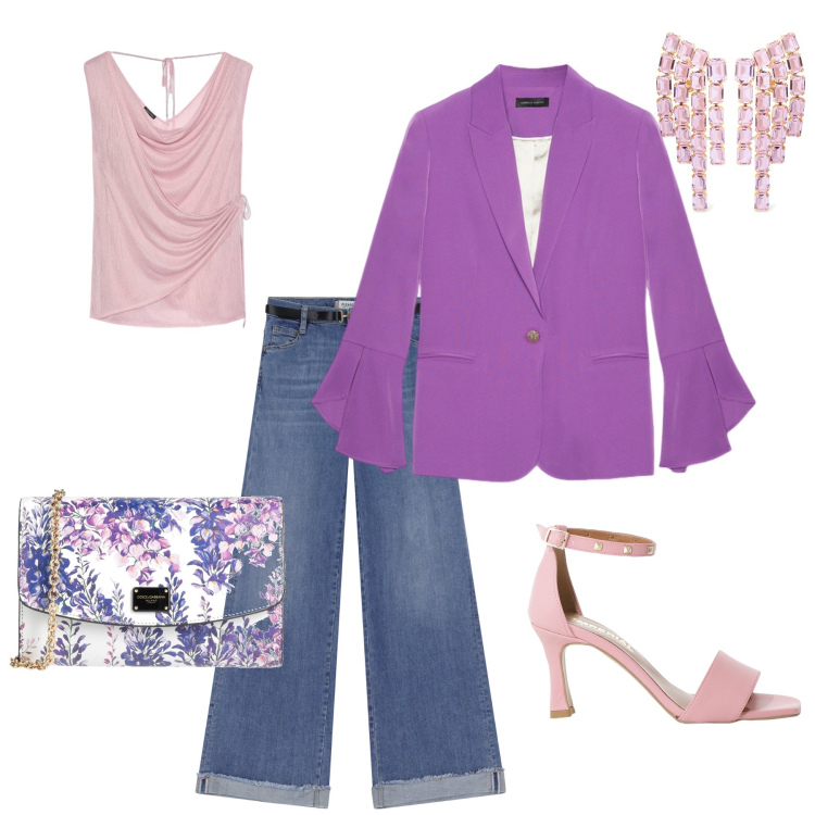 Outfit donna - Total look #2170482. Stile Sporty chic per Serata fuori. Abbinamento con borse a tracolla, jeans, sandali col tacco, blazer, top, orecchini.