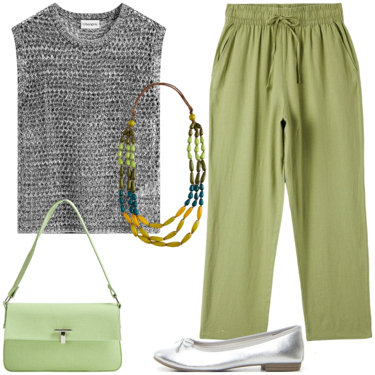 Outfit donna - Verde e grigio. Stile Casual per Tutti i giorni. Abbinamento con top, borse a spalla, pantaloni, collane, ballerine.