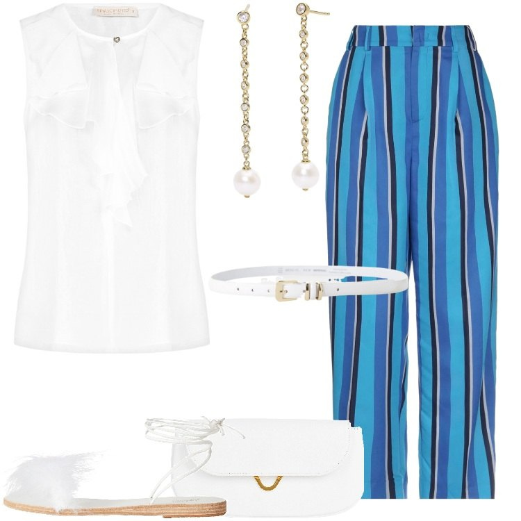 Outfit donna - Il pantalone a righe. Stile Casual chic per Serata fuori. Abbinamento con pantaloni, sandali in pelle, borse a mano, orecchini, bluse, cinture.