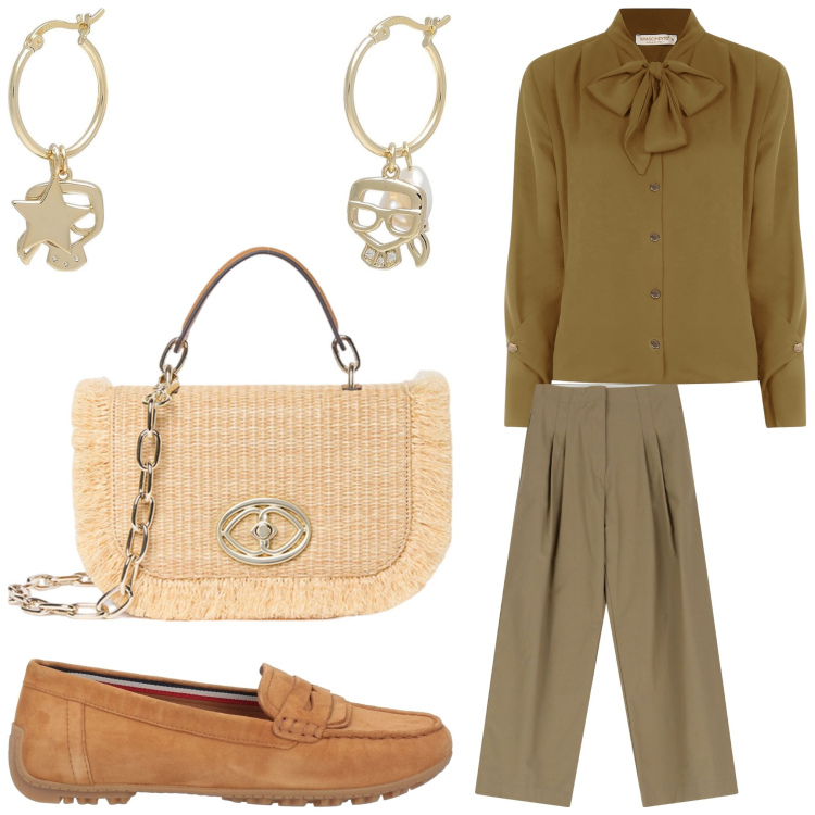 Outfit donna - Camicia con il fiocco. Stile Casual chic per Ufficio. Abbinamento con mocassini, orecchini, bluse, pantaloni, borse a tracolla.