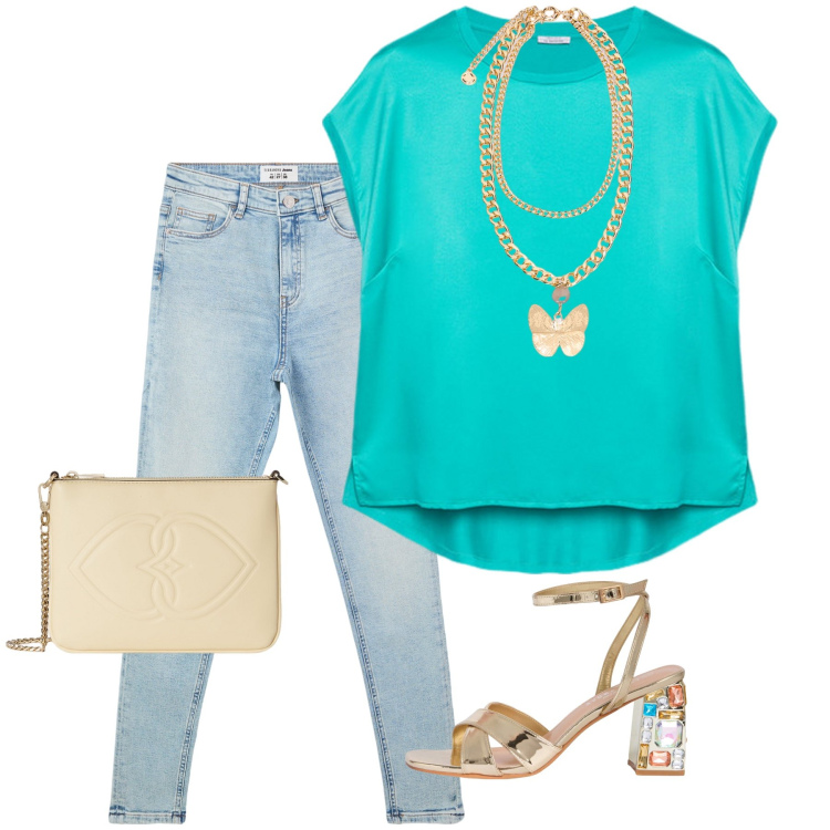 Outfit donna - Total look #2170495. Stile Casual chic Abbinamento con jeans skinny, sandali gioiello, bluse, collane, pochette.