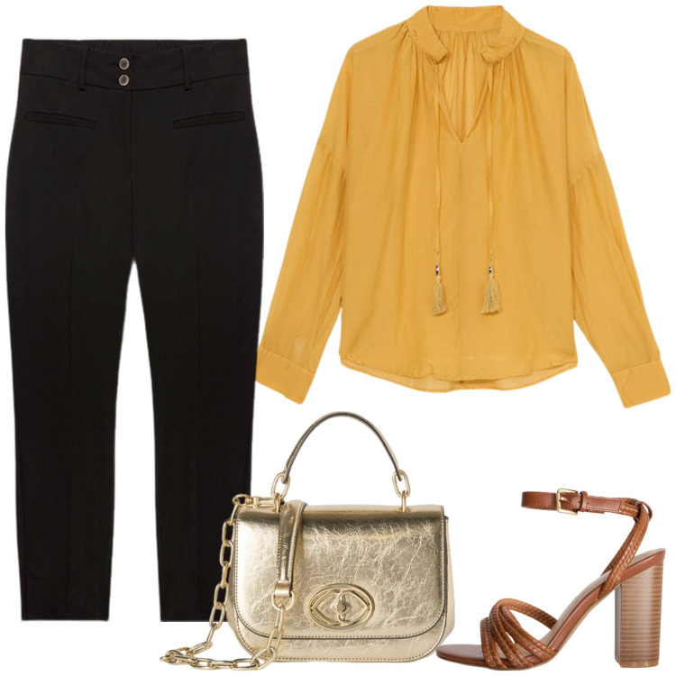Outfit donna - La camicia ocra. Stile Casual chic per Serata fuori. Abbinamento con pantaloni, borse a tracolla, sandali col tacco, bluse.
