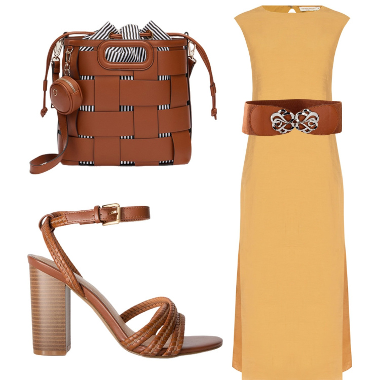 Outfit donna - Terra di mezzo. Stile Romantica per Tutti i giorni. look ideale per Petite. Abbinamento con cinture, vestiti senza maniche, sandali col tacco, borse a secchiello.