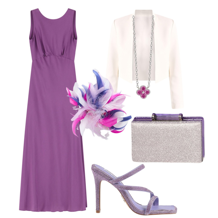 Outfit donna - Cerimonia peonia. Stile Chic per Cerimonia. Abbinamento con sandali col tacco, collane, pochette, bolero, vestiti lunghi, accessori per capelli.