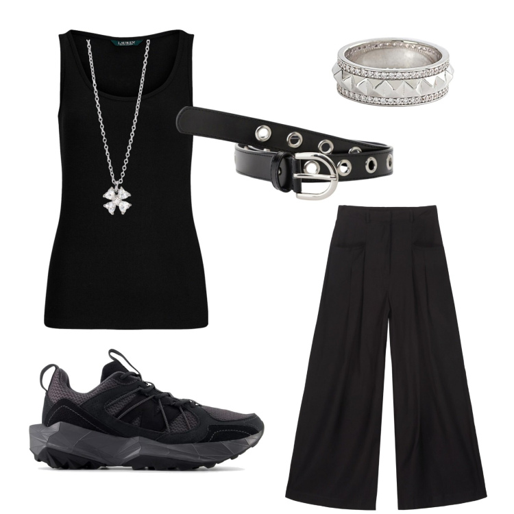 Outfit donna - Rock and roll music. Stile Rock per Serata fuori. Abbinamento con anelli, collane, sneakers, cinture, canottiere, pantaloni.