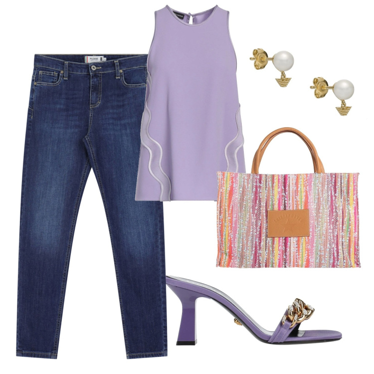 Outfit donna - La borsa multicolore. Stile Casual chic per Ufficio. Abbinamento con top, sandali in pelle, orecchini, borse a mano, jeans skinny.