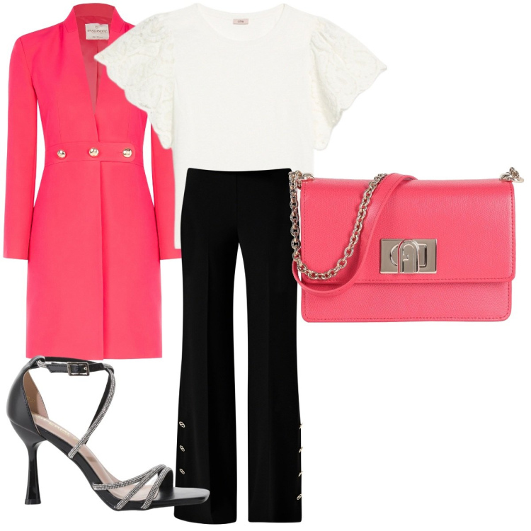 Outfit donna - Appuntamento di lavoro. Stile Casual per Ufficio. Abbinamento con borse a tracolla, trench, pantaloni a palazzo, sandali col tacco, t-shirt.