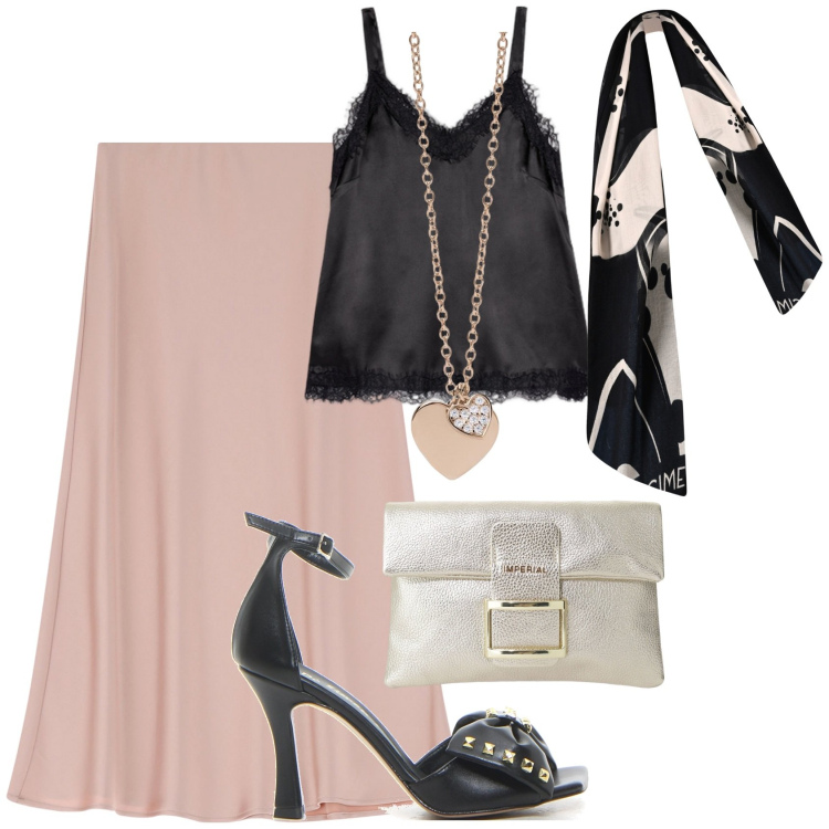 Outfit donna - Cocktail al tramonto. Stile Chic per Serata fuori. Abbinamento con ciondoli, sciarpe, gonne longuette, pochette, canottiere, sandali in pelle.