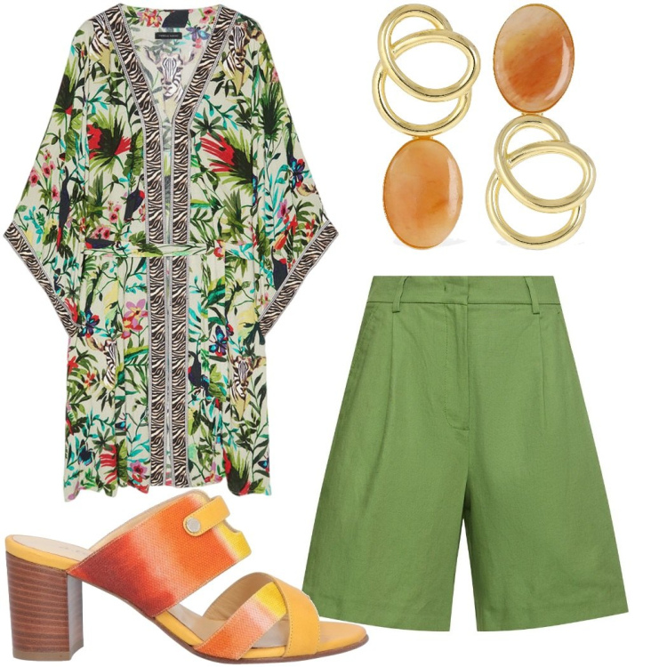 Outfit donna - Vita colorata. Stile Casual chic per Tutti i giorni. Abbinamento con sandali in pelle, caftani, shorts, orecchini.