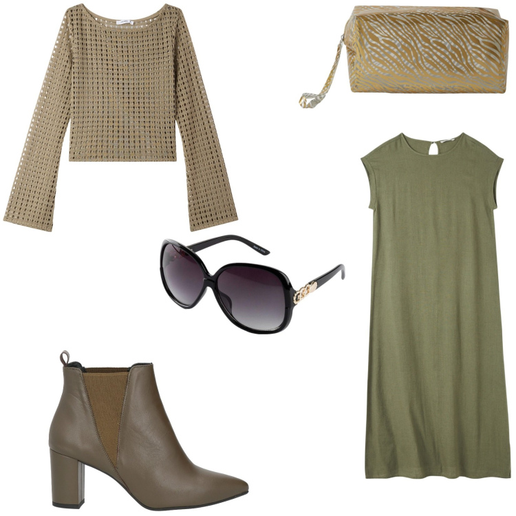 Outfit donna - Eleganza in verde. Stile Casual chic per Serata fuori. Abbinamento con stivaletti chelsea, vestiti lunghi, maglieria, valigie, occhiali da sole.