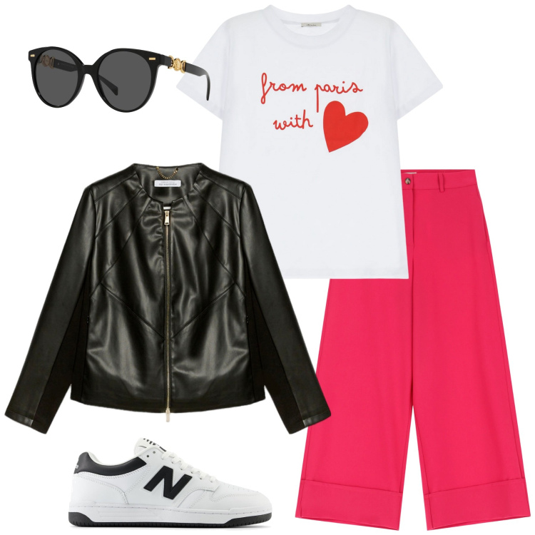 Outfit donna - Giacca nera pantalone rosso. Stile Casual per Tutti i giorni. Abbinamento con occhiali da sole, blazer, sneakers, pantaloni a palazzo, t-shirt.