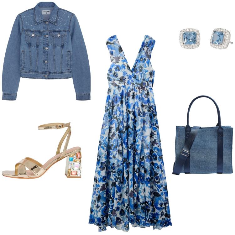 Outfit donna - Tramonti in blu. Stile Casual chic per Serata fuori. Abbinamento con vestiti lunghi, sandali gioiello, cappotti, shopping bag, orecchini.
