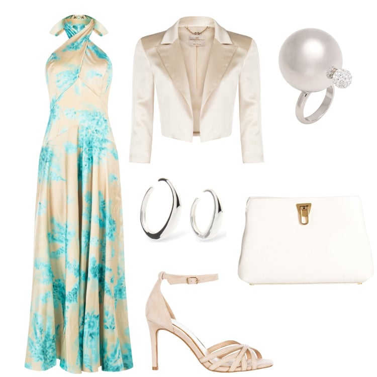 Outfit donna - Abito a fiori da cerimonia. Stile Chic per Cerimonia. Abbinamento con borse a mano, anelli, bolero, vestiti lunghi, sandali col tacco, orecchini.