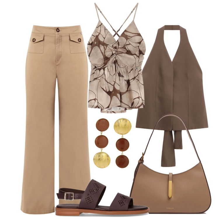 Outfit donna - Top canotta con gilet. Stile Urban per Tutti i giorni. Abbinamento con pantaloni, canottiere, gilet, sandali, borse a spalla, orecchini.