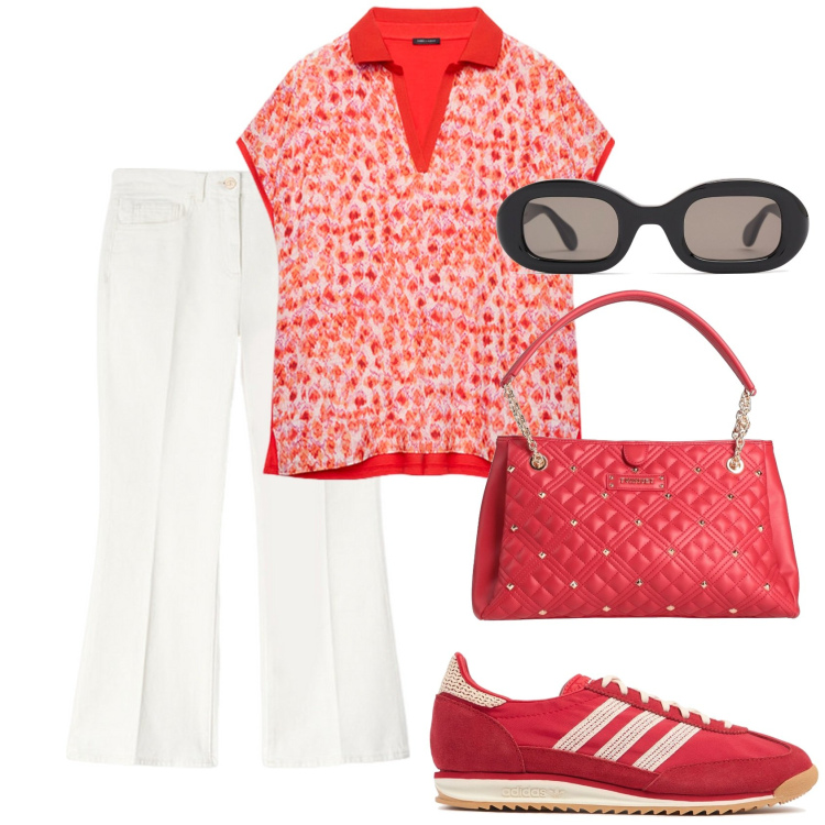Outfit donna - Colore per tutti i giorni. Stile Casual chic per Tutti i giorni. Abbinamento con borse a mano, bluse, sneakers, pantaloni, occhiali da sole.