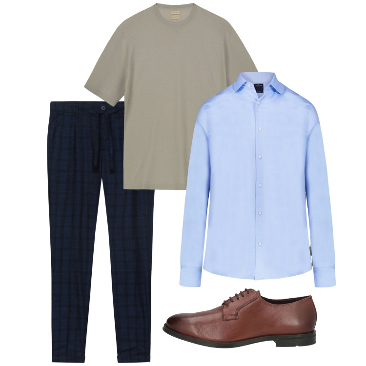 Outfit uomo - Blu e spago. Stile Casual per Tutti i giorni. Abbinamento con scarpe stringate, pantaloni, camicie, t-shirt.