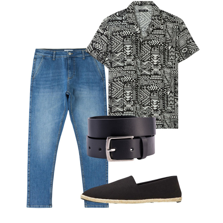 Outfit uomo - Stampa urban. Stile Urban per Tutti i giorni. Abbinamento con espadrillas, jeans skinny, camicie a manica corta, cinture.