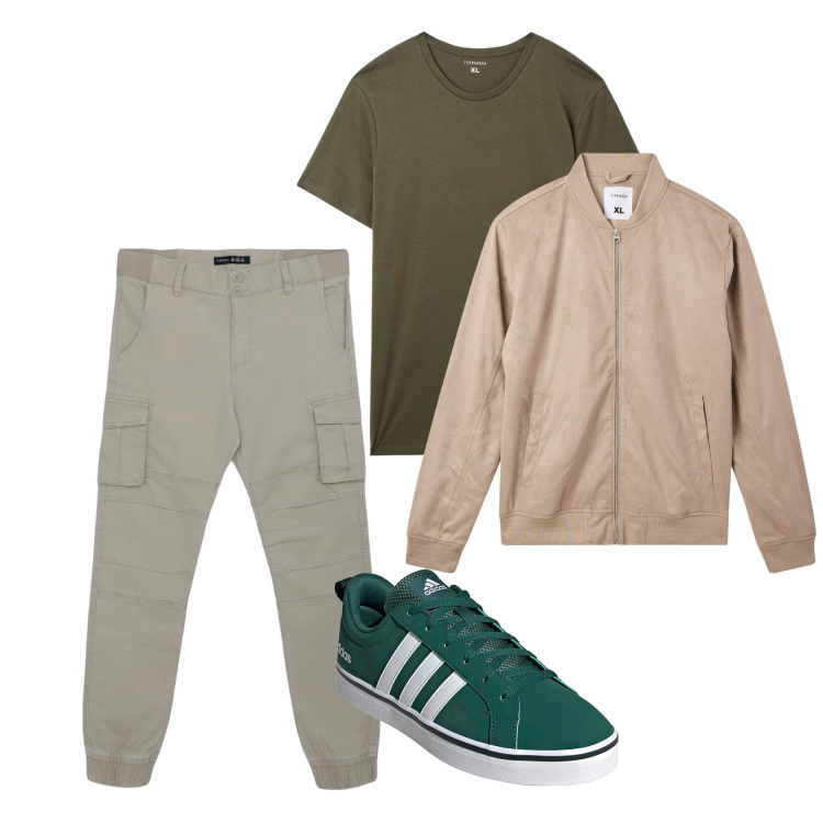 Outfit uomo - Maggio. Stile Casual per Tutti i giorni. Abbinamento con bomber, t-shirt, pantaloni cargo, sneakers.