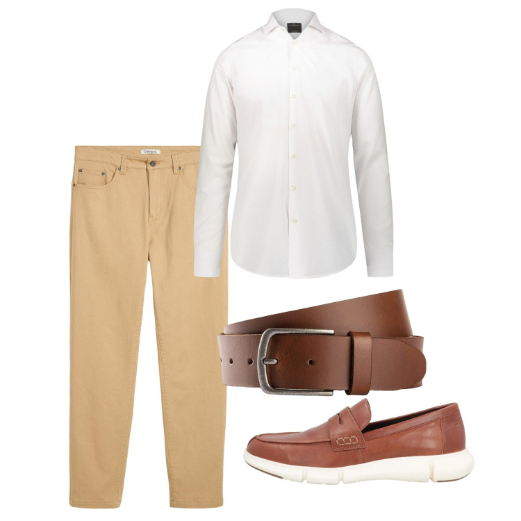Outfit uomo - In tenuta estiva. Stile Casual per Tutti i giorni. Abbinamento con cinture, pantaloni, scarpe stringate, camicie.