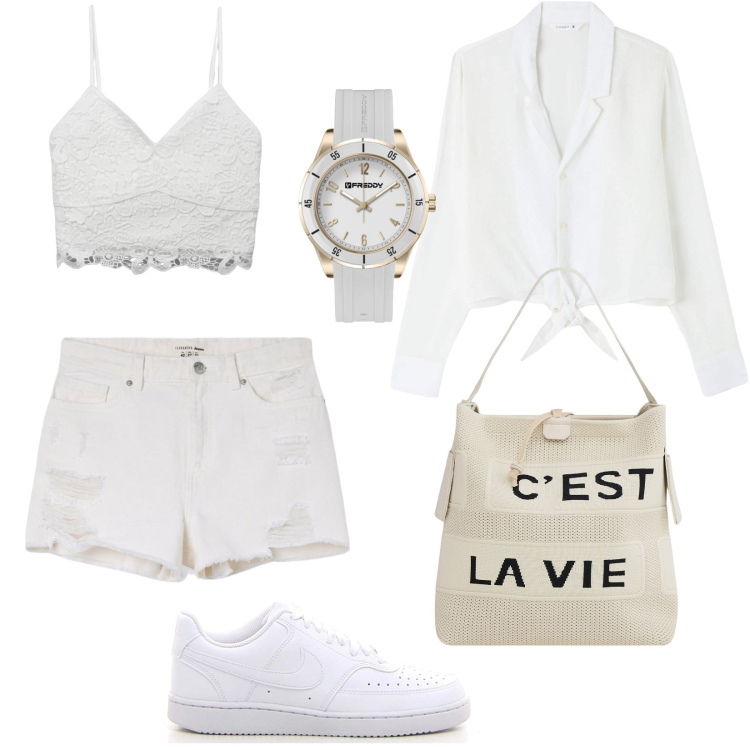 Outfit donna - Total White. Stile Trendy per Tutti i giorni. Abbinamento con shorts, canottiere, camicie, borse a mano, orologi, sneakers.